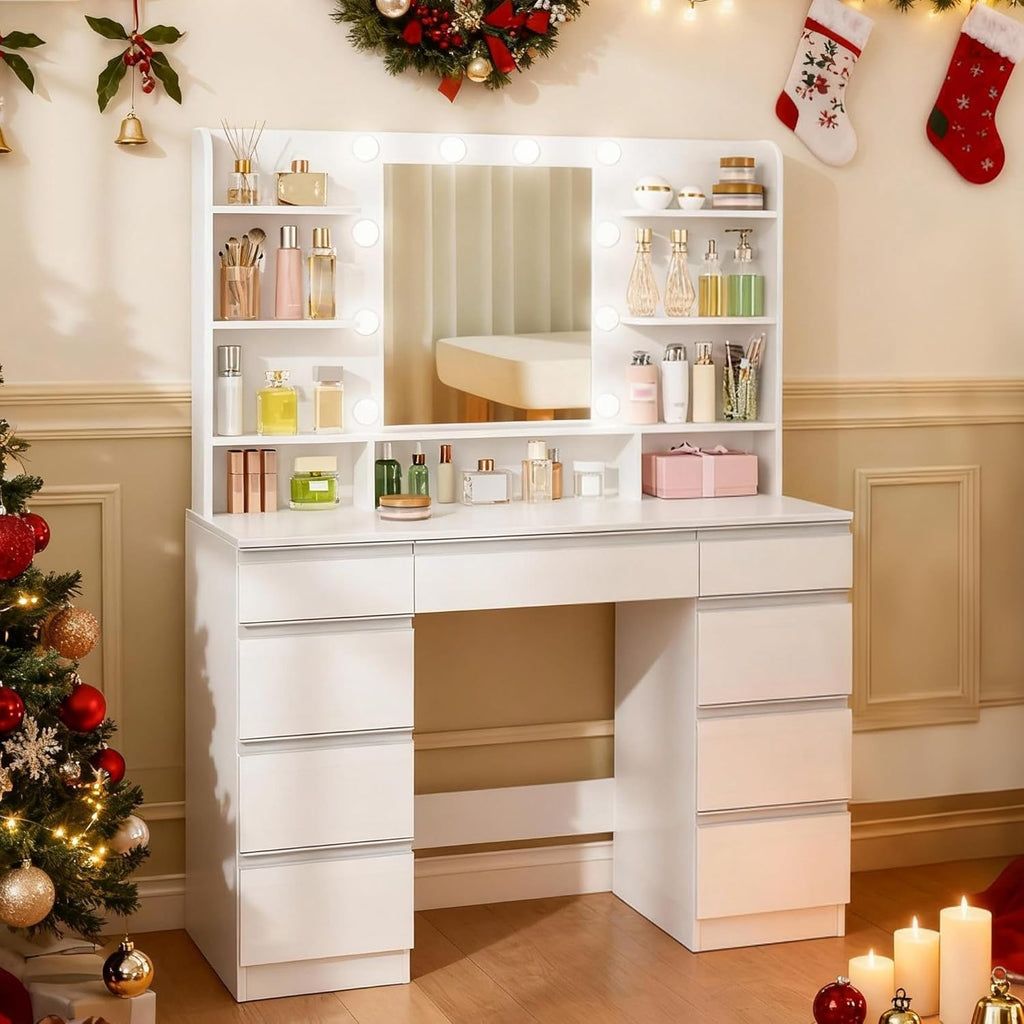 Hzuaneri Dressing Table with Bulb Light, Vanity Desk with 1 Large Drawer and 8 Small Drawer Cabinets, Adjustable Brightness, Large HD Mirror, 9 Open Storage Areas, White DT35703W