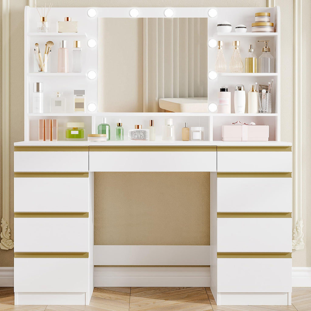 Hzuaneri Dressing Table with Bulb Light, Vanity Desk with 1 Large Drawer and 8 Small Drawer Cabinets, Adjustable Brightness, Large HD Mirror, 9 Open Storage Areas, White DT35703W
