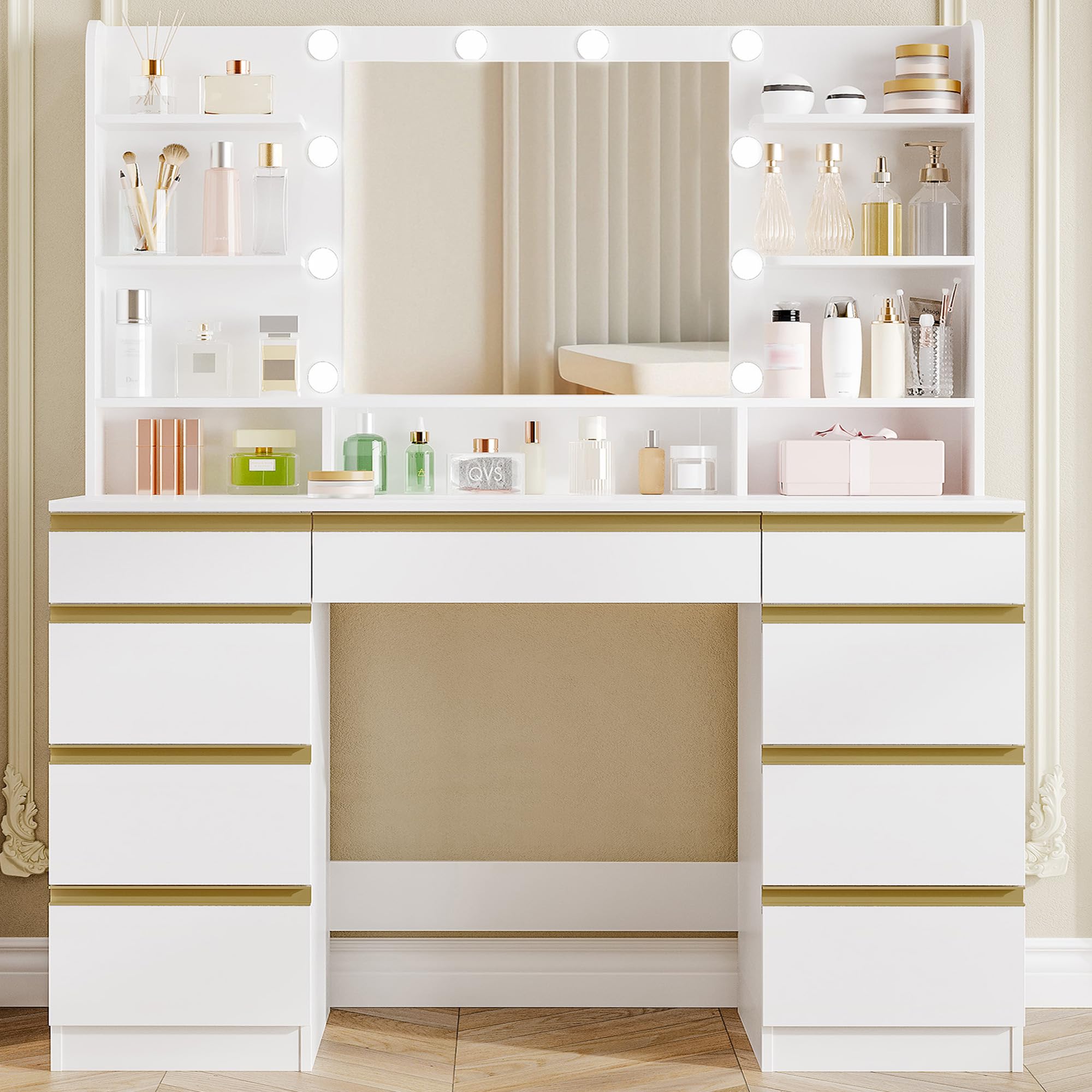 Hzuaneri Dressing Table with Bulb Light, Vanity Desk with 1 Large Drawer and 8 Small Drawer Cabinets, Adjustable Brightness, Large HD Mirror, 9 Open Storage Areas, White DT35703W