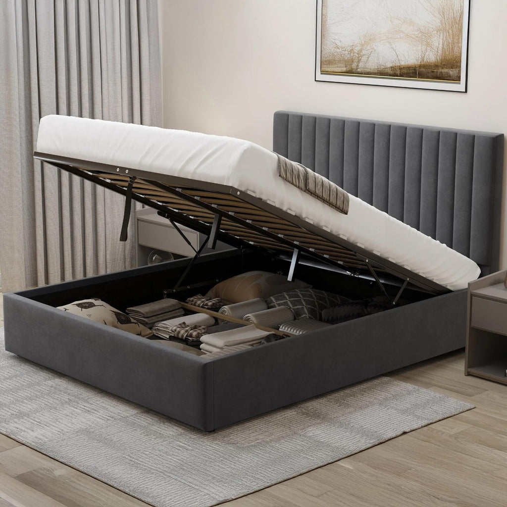 Velvet Ottoman Storage Bed Double 4ft6 Grey Gas Lift Bed Frame with Slats No Mattress