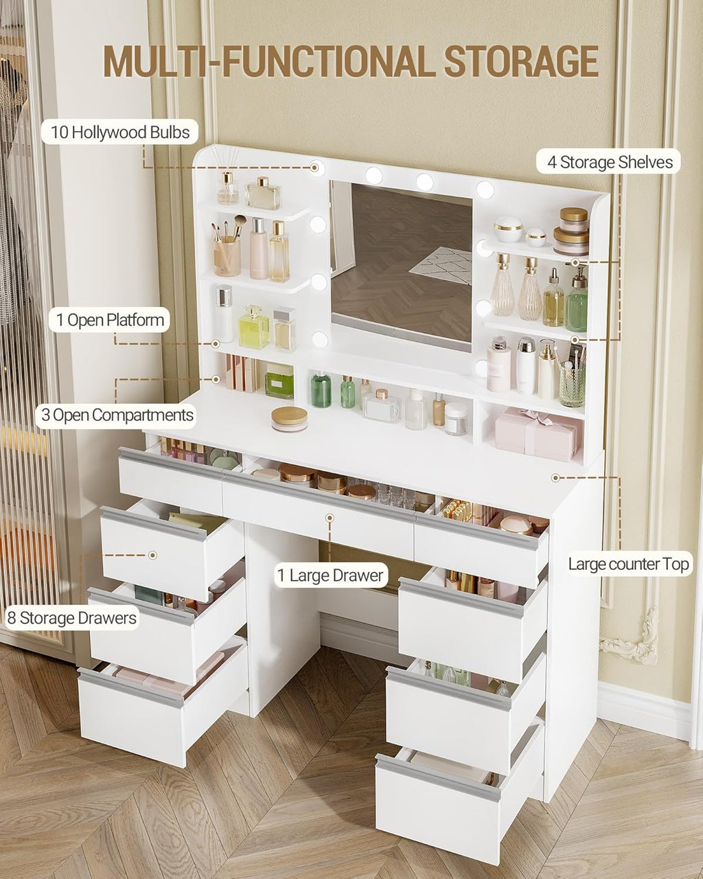 Hzuaneri Dressing Table with Bulb Light, Vanity Desk with 1 Large Drawer and 8 Small Drawer Cabinets, Adjustable Brightness, Large HD Mirror, 9 Open Storage Areas, White DT35703W