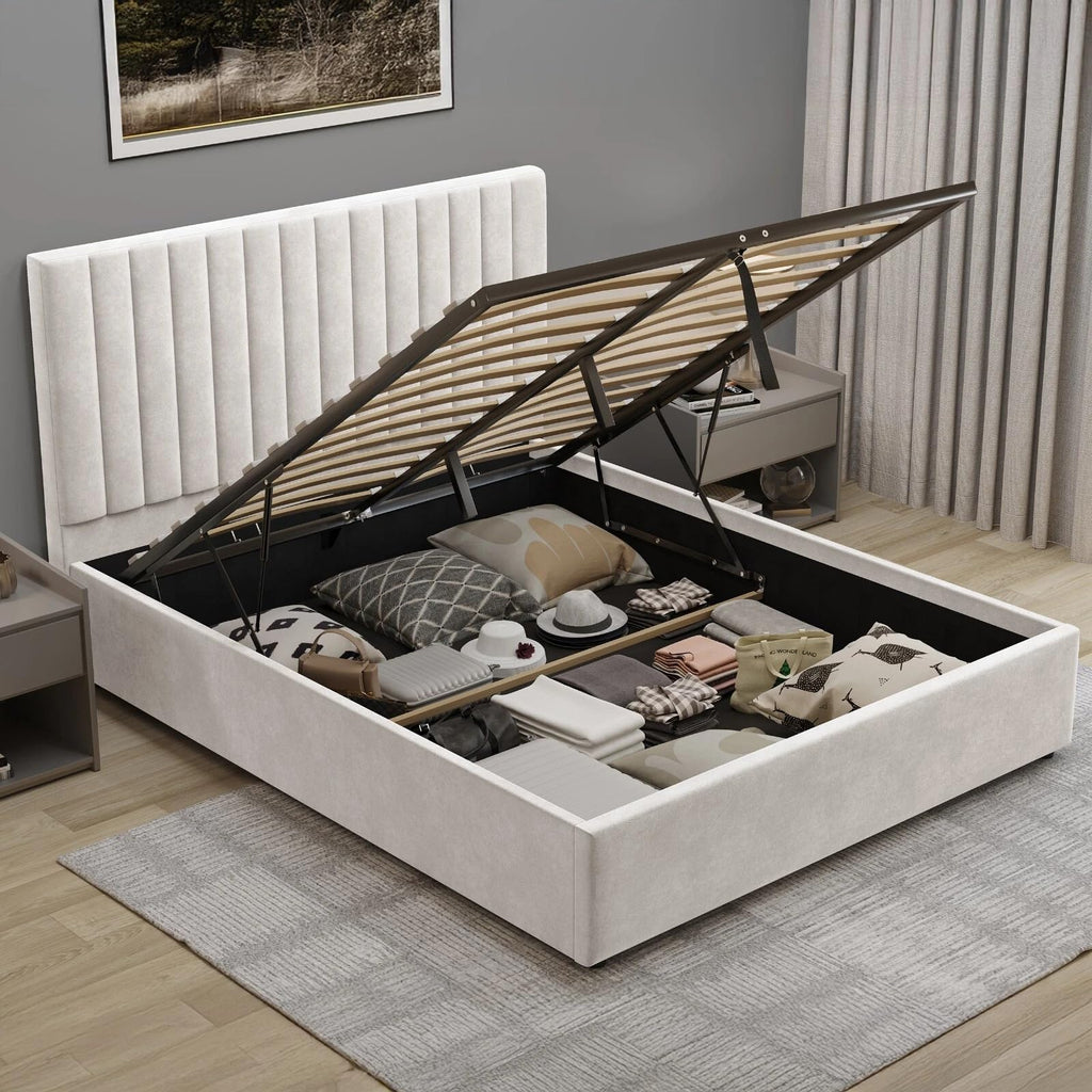 Velvet Ottoman Storage Bed Double 4ft6 Grey Gas Lift Bed Frame with Slats No Mattress