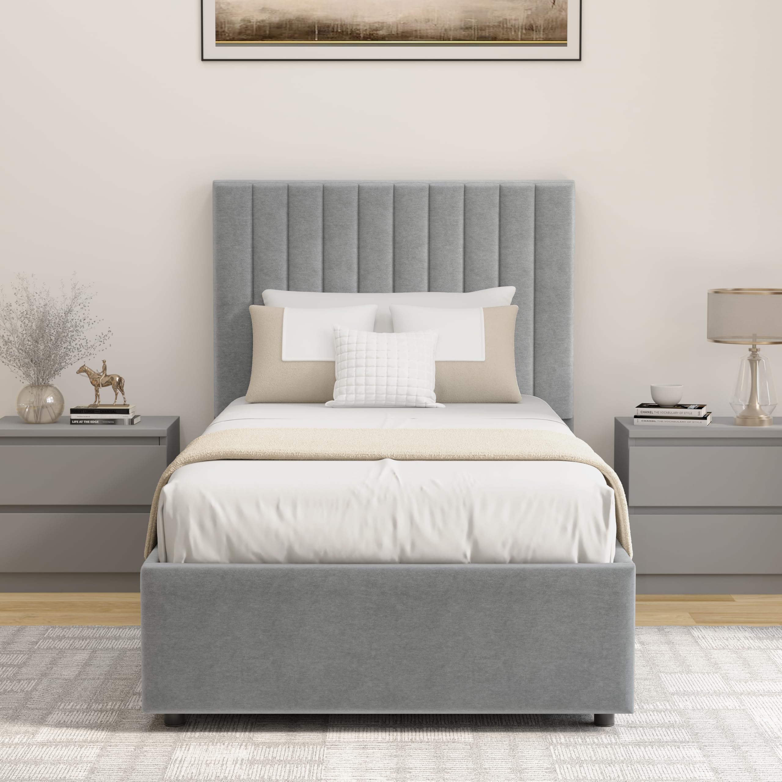 Velvet Ottoman Storage Bed Double 4ft6 Grey Gas Lift Bed Frame with Slats No Mattress