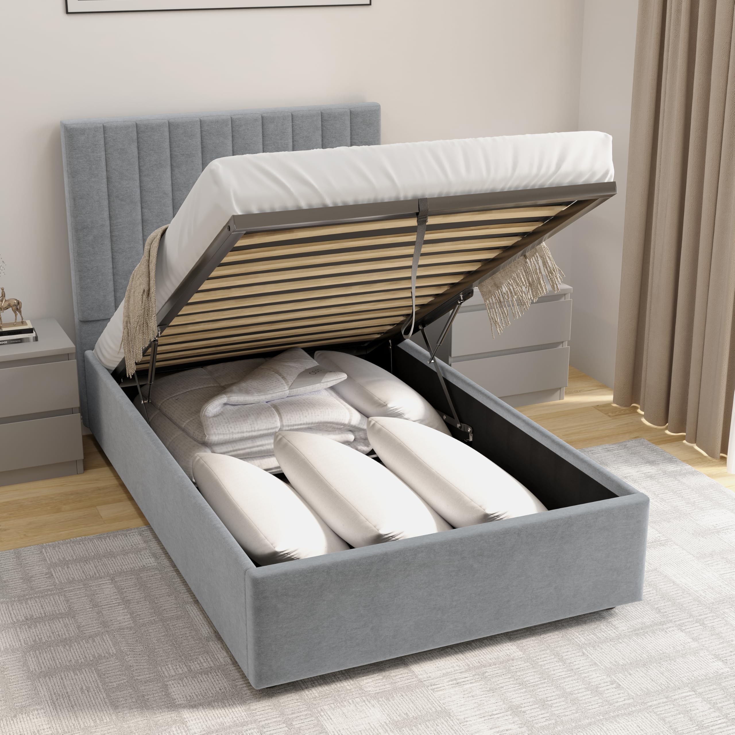 Velvet Ottoman Storage Bed Double 4ft6 Grey Gas Lift Bed Frame with Slats No Mattress
