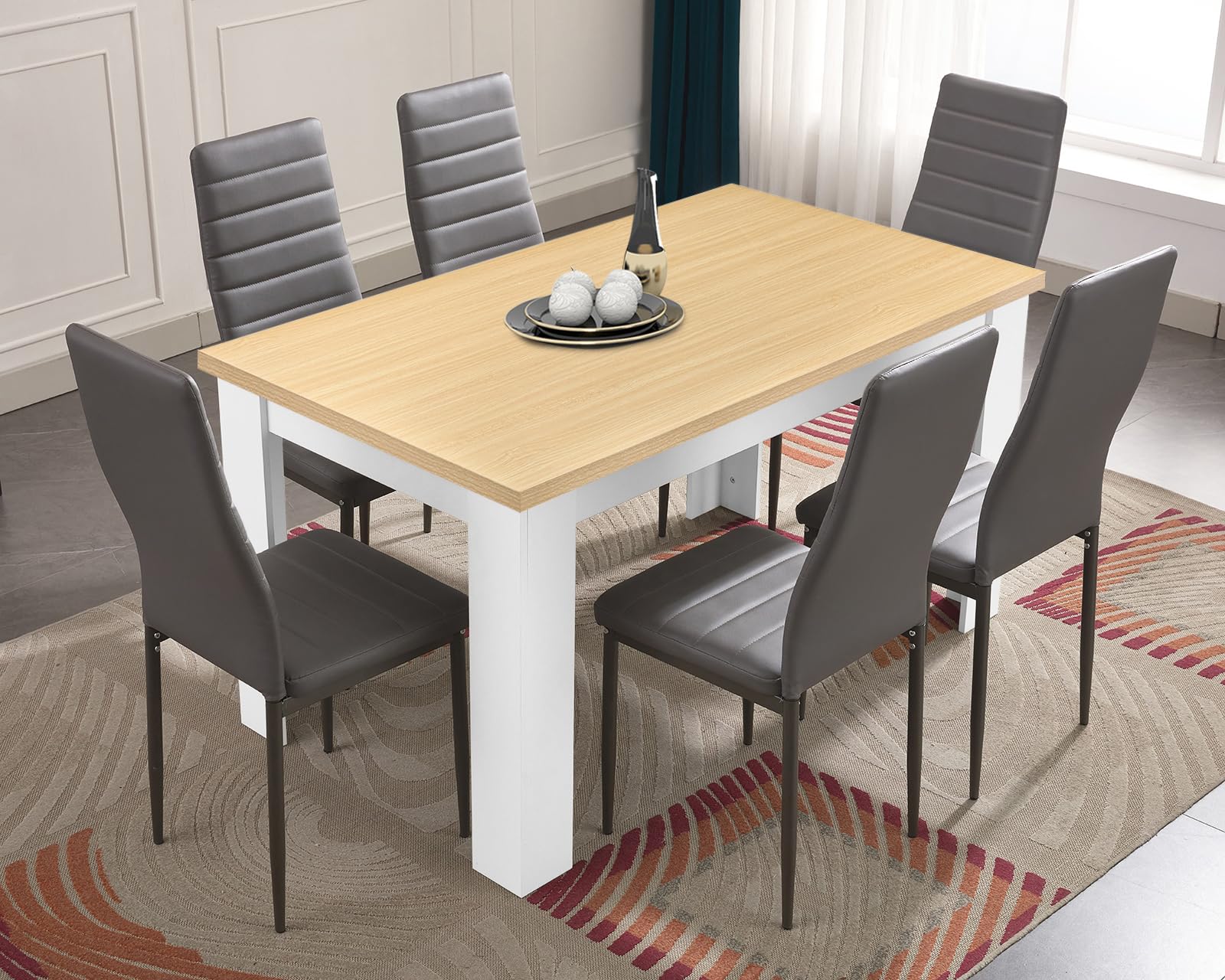 6 Seater Dining Table Set 140x80cm Wooden Table with High Back PU Leather Chairs