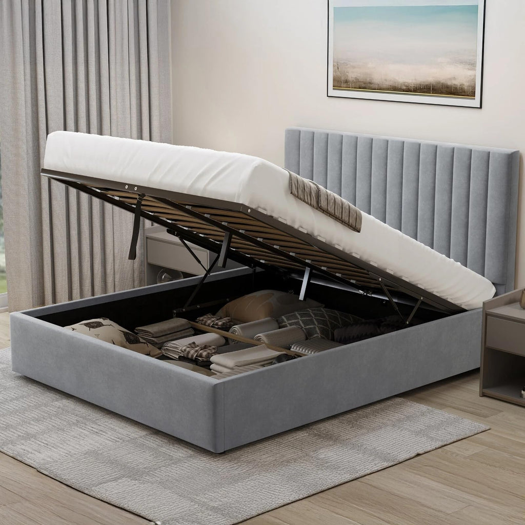 Velvet Ottoman Storage Bed Double 4ft6 Grey Gas Lift Bed Frame with Slats No Mattress