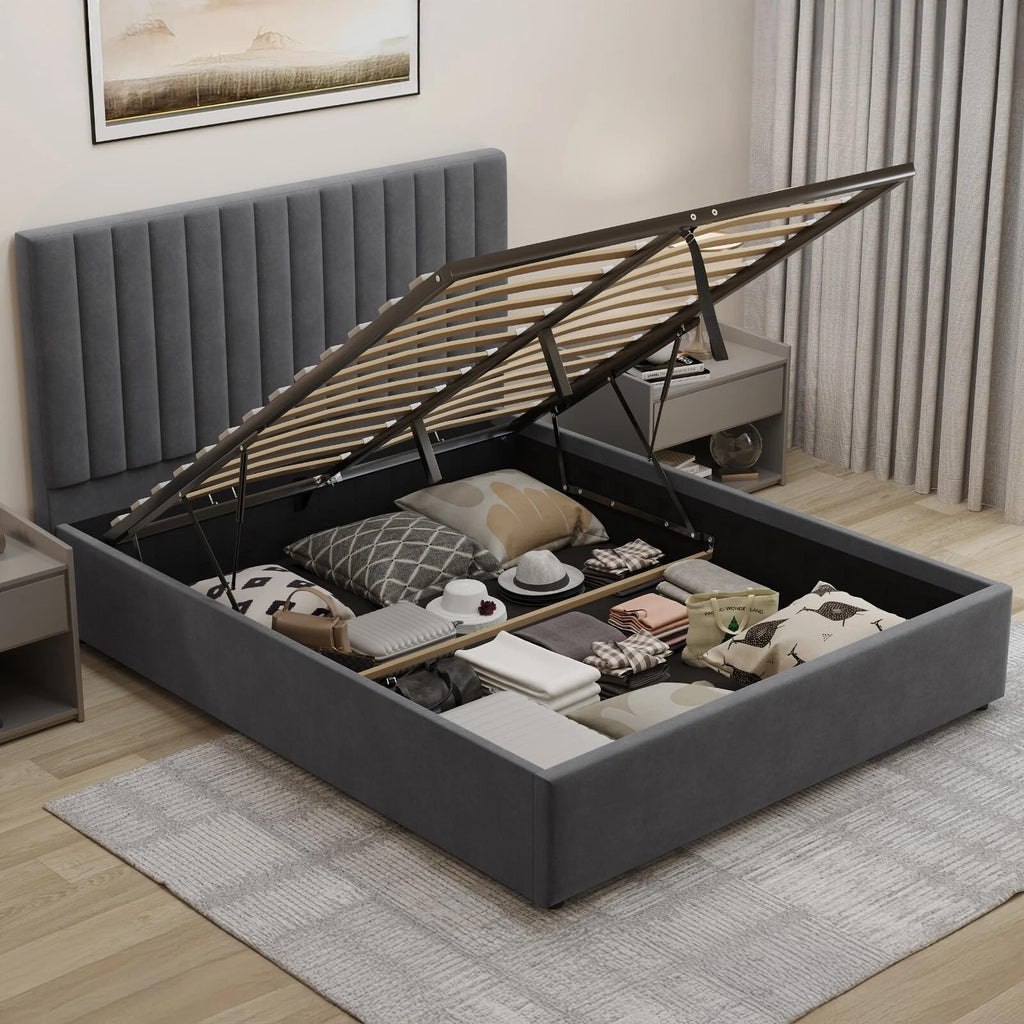 Velvet Ottoman Storage Bed Double 4ft6 Grey Gas Lift Bed Frame with Slats No Mattress
