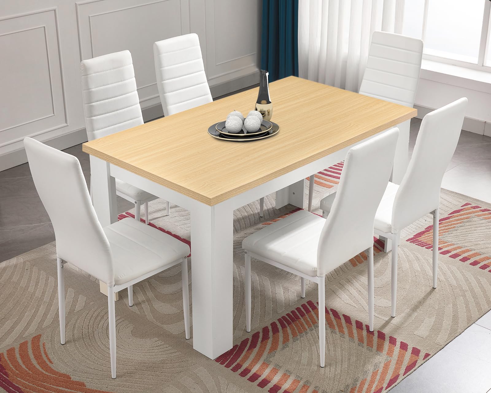 6 Seater Dining Table Set 140x80cm Wooden Table with High Back PU Leather Chairs