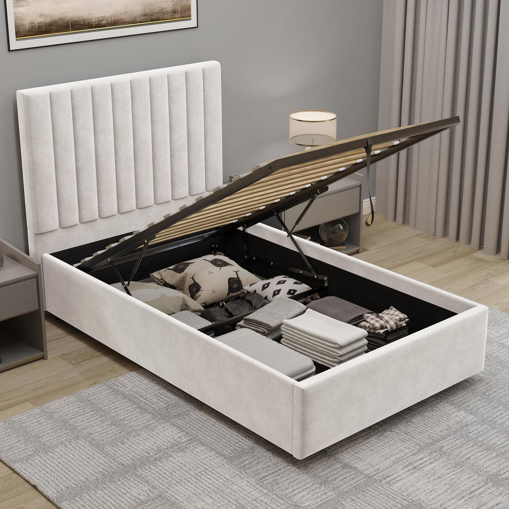 Velvet Ottoman Storage Bed Double 4ft6 Grey Gas Lift Bed Frame with Slats No Mattress